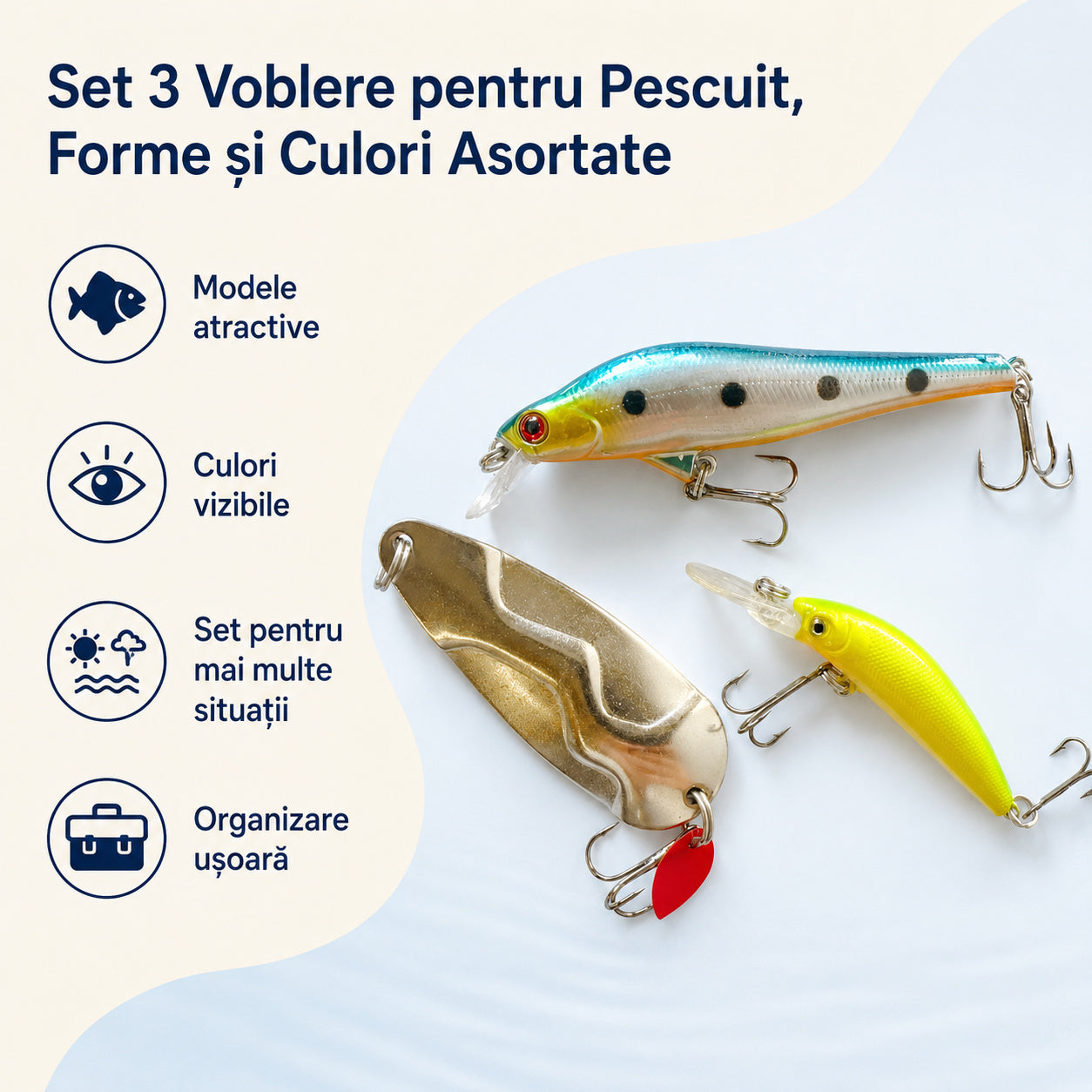 Set 3 Voblere pentru Pescuit, Forme și Culori Asortate – caracteristici