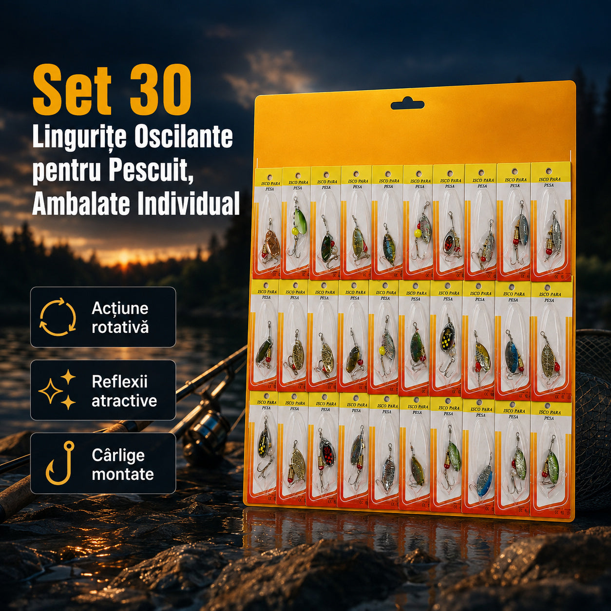 Set 30 Lingurițe Oscilante pentru Pescuit, Ambalate Individual – imagine principală