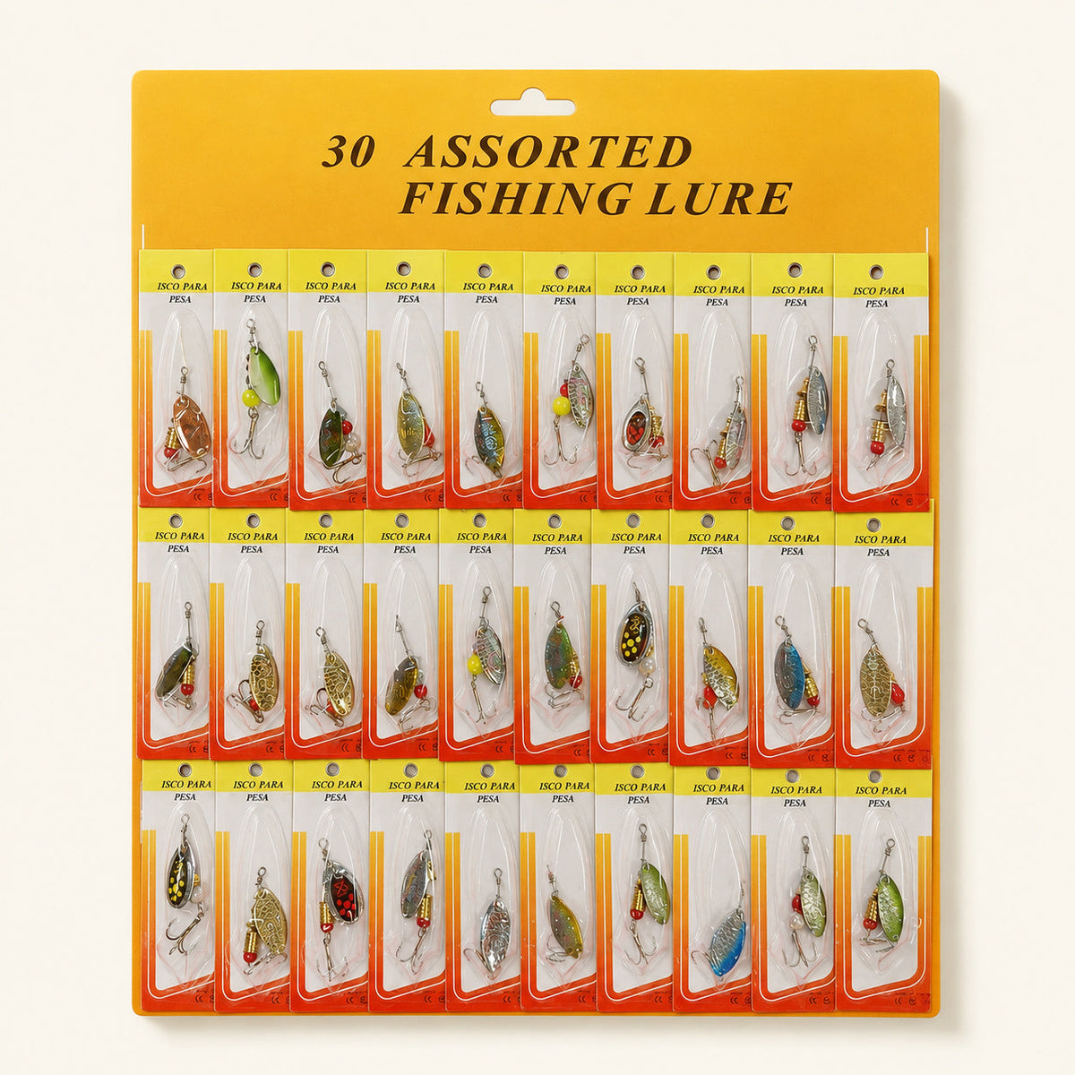 Set 30 Lingurițe Oscilante pentru Pescuit, Ambalate Individual – imagine de catalog pe fundal alb cald