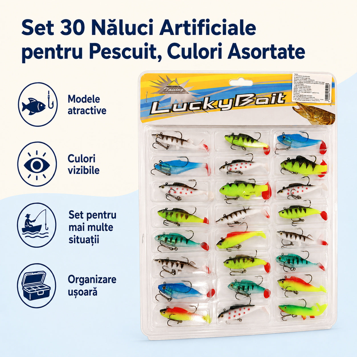 Set 30 Năluci Artificiale pentru Pescuit, Culori Asortate – caracteristici