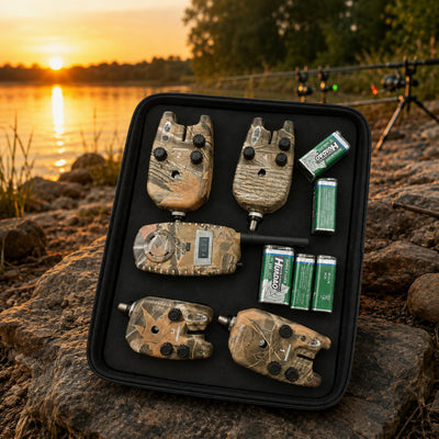 Set 4 Avertizoare Electronice pentru Pescuit, cu Cutie și Accesorii, Camuflaj – imagine comercială în ambient