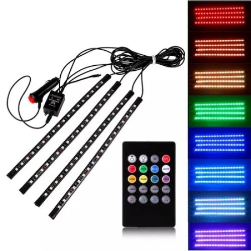 Set 4 benzi lumini ambientale auto, FOXMAG24, cu telecomanda, intensitate reglabila, 12 LED
