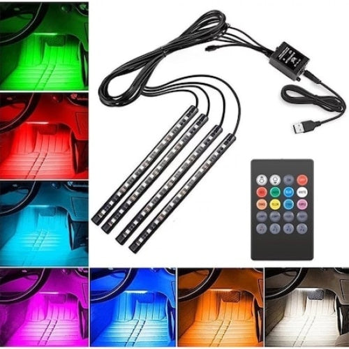 Set 4 benzi lumini ambientale auto, FOXMAG24, cu telecomanda, intensitate reglabila, 12 LED