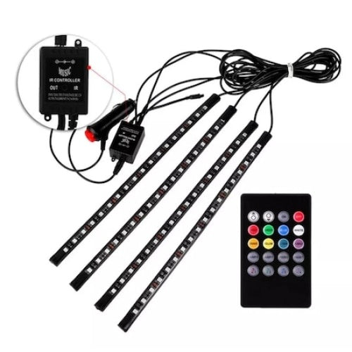 Set 4 benzi lumini ambientale auto, FOXMAG24, cu telecomanda, intensitate reglabila, 12 LED