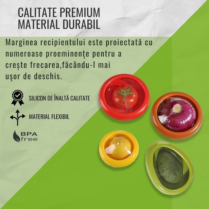 Set 4 cutii alimentare din silicon pentru alimente, reutilizabile, fara BPA, capac transparent, multicolor