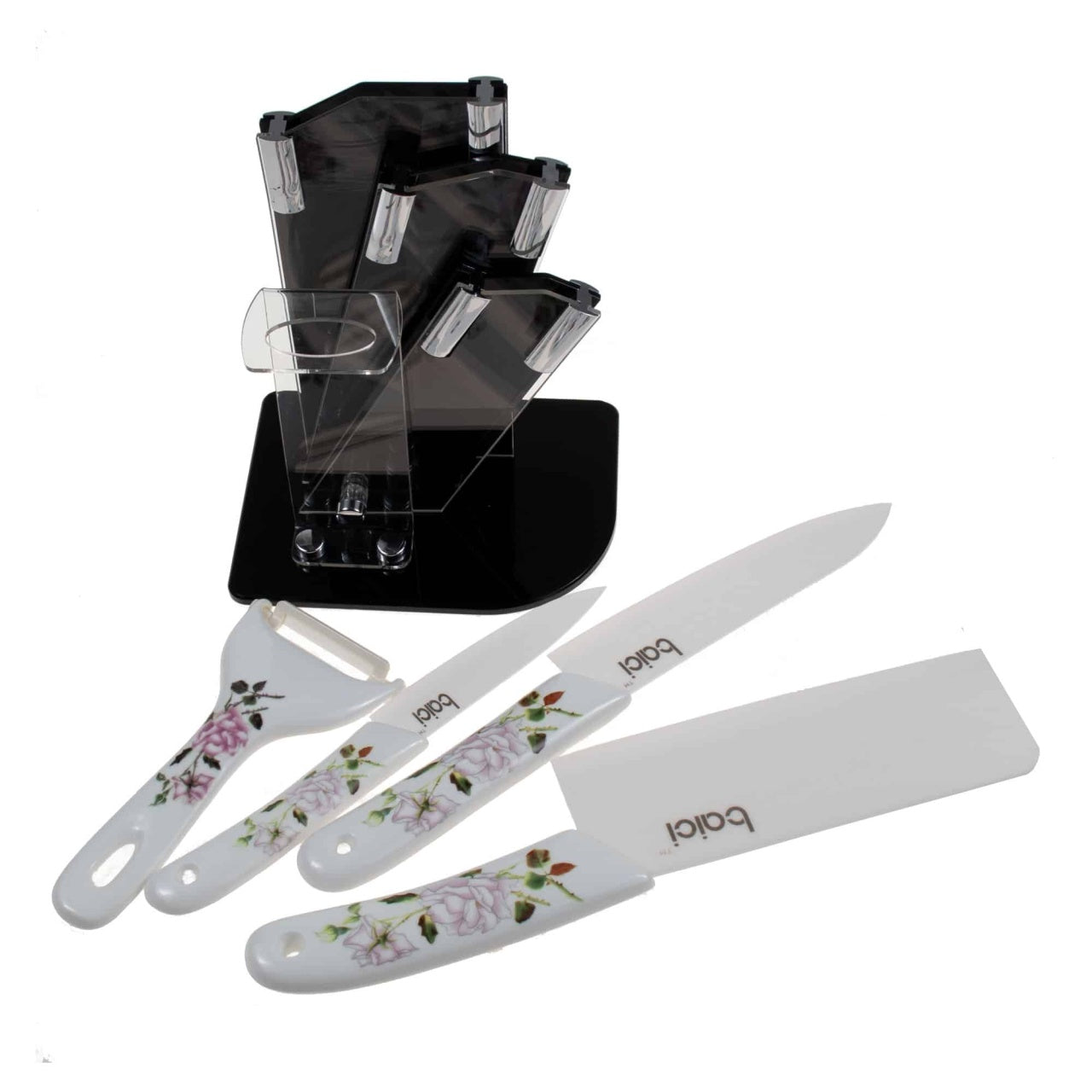 Set 4 cutite ceramice bucatarie cu suport si curatator legume