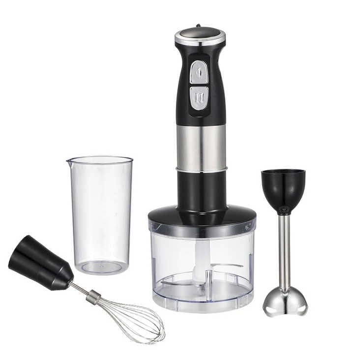 Set 4 in 1 blender/tocator/tel, din metal si plastic, cu 2 viteze, putere 500W, capacitate boluri 500/600 ml, alimentare la retea, negru/argintiu