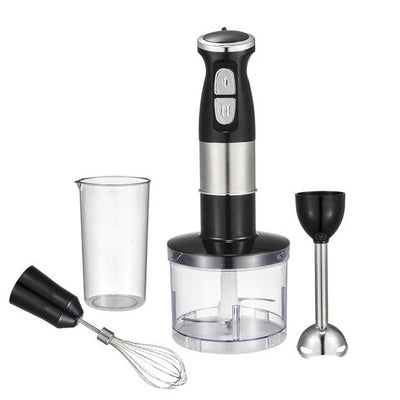 Set 4 in 1 blender/tocator/tel, din metal si plastic, cu 2 viteze, putere 500W, capacitate boluri 500/600 ml, alimentare la retea, negru/argintiu