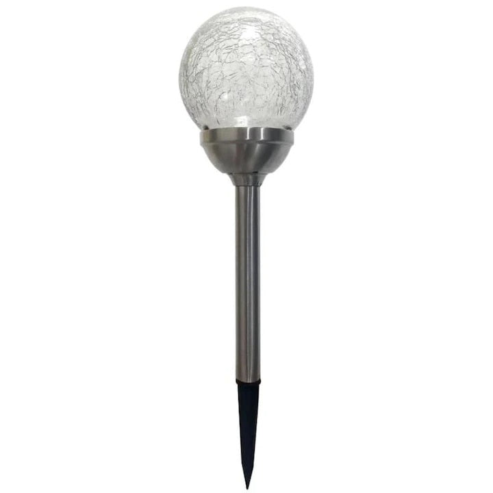 Set 4 lampi solare pentru gradina, tip sfera, dimensiuni 40 x 10 cm, cu fixare tip tarus, senzor de lumina, alb