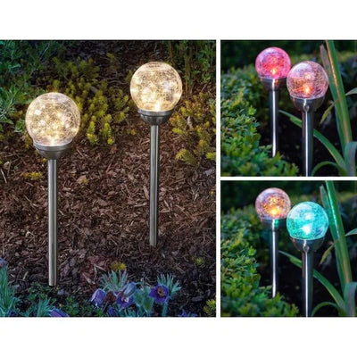 Set 4 lampi solare pentru gradina, tip sfera, dimensiuni 40 x 10 cm, cu fixare tip tarus, senzor de lumina, alb
