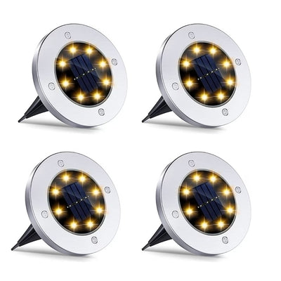 Set 4 lampi solare, tip spot, cu sistem de fixare tip tarus, rezistente la apa, carcasa metalica, cu 8 LED-uri, argintiu