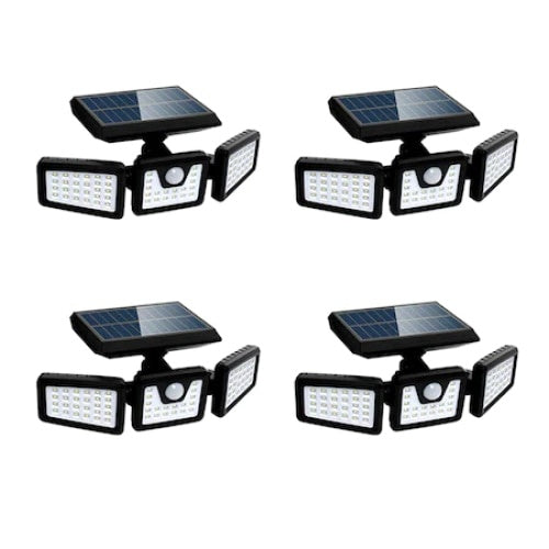 Set 4 lampi solare triple FOXMAG24, pentru exterior, cu senzor de miscare, rezistente la apa, 74 LED-uri, 2400 mAh, negru
