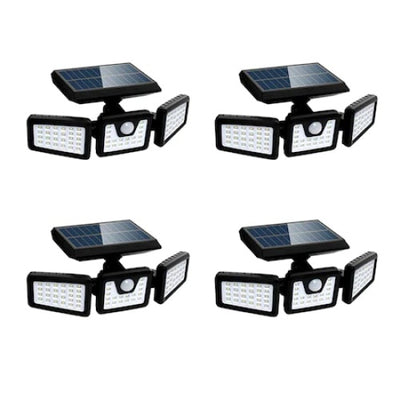 Set 4 lampi solare triple FOXMAG24, pentru exterior, cu senzor de miscare, rezistente la apa, 74 LED-uri, 2400 mAh, negru