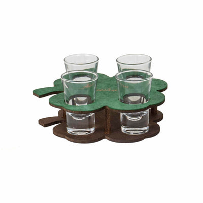 Set 4 pahare shot 50ml cu suport lemn trifoi, transparent-verde