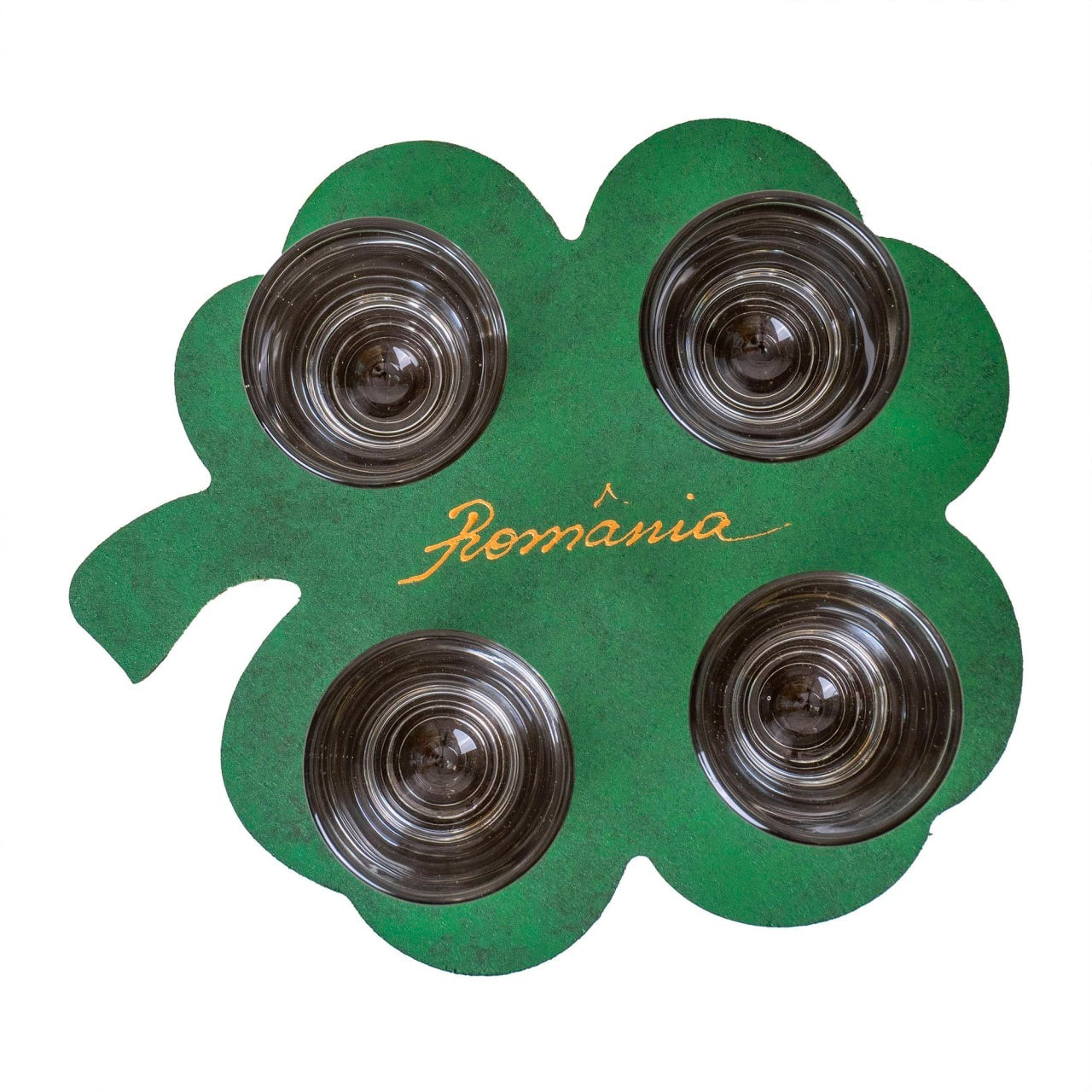Set 4 pahare shot 50ml cu suport lemn trifoi, transparent-verde
