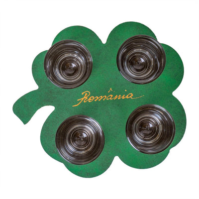 Set 4 pahare shot 50ml cu suport lemn trifoi, transparent-verde