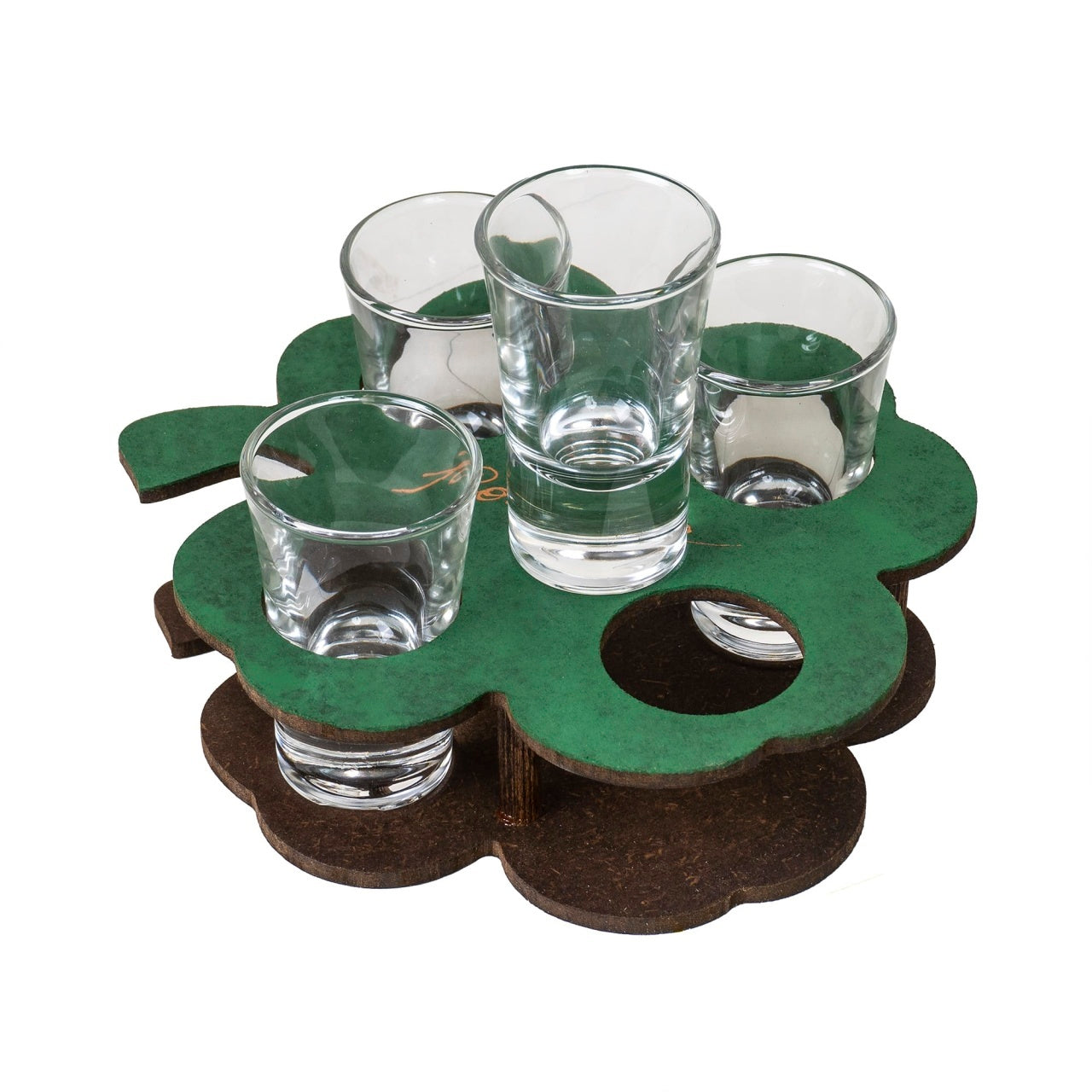 Set 4 pahare shot 50ml cu suport lemn trifoi, transparent-verde