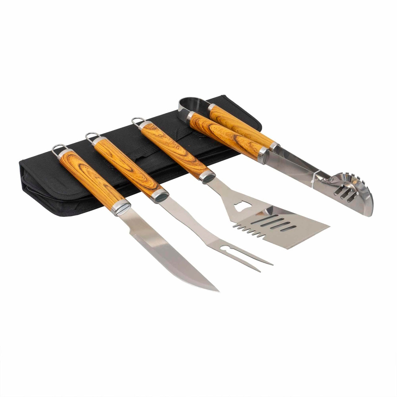 Set 4 piese inox cu maner lemn pentru gratar si borseta depozitare
