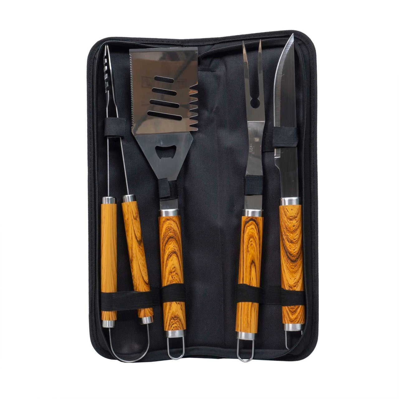 Set 4 piese inox cu maner lemn pentru gratar si borseta depozitare