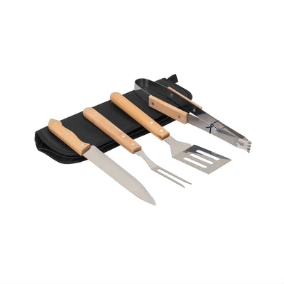 Set 4 piese inox pentru gratar cu maner lemn si borseta depozitare