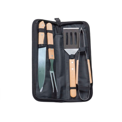 Set 4 piese inox pentru gratar cu maner lemn si borseta depozitare