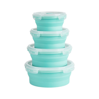 Set 4 recipiente rotunde pliabile, capacitate 350 ml, 500 ml, 800 ml, 1200 ml, din ABS si silicaon nontoxic, cu capac, verde