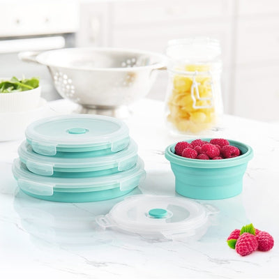Set 4 recipiente rotunde pliabile, capacitate 350 ml, 500 ml, 800 ml, 1200 ml, din ABS si silicaon nontoxic, cu capac, verde