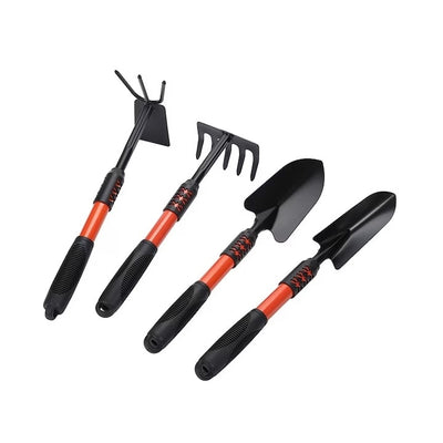 Set 4 unelte de gradina, cu maner extensibil, antialunecare, din metal, usor de manevrat si depozitat, rosu/negru