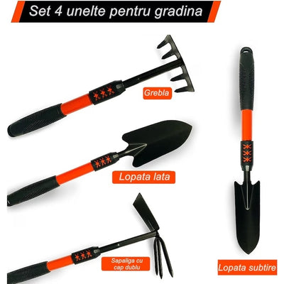 Set 4 unelte de gradina, cu maner extensibil, antialunecare, din metal, usor de manevrat si depozitat, rosu/negru