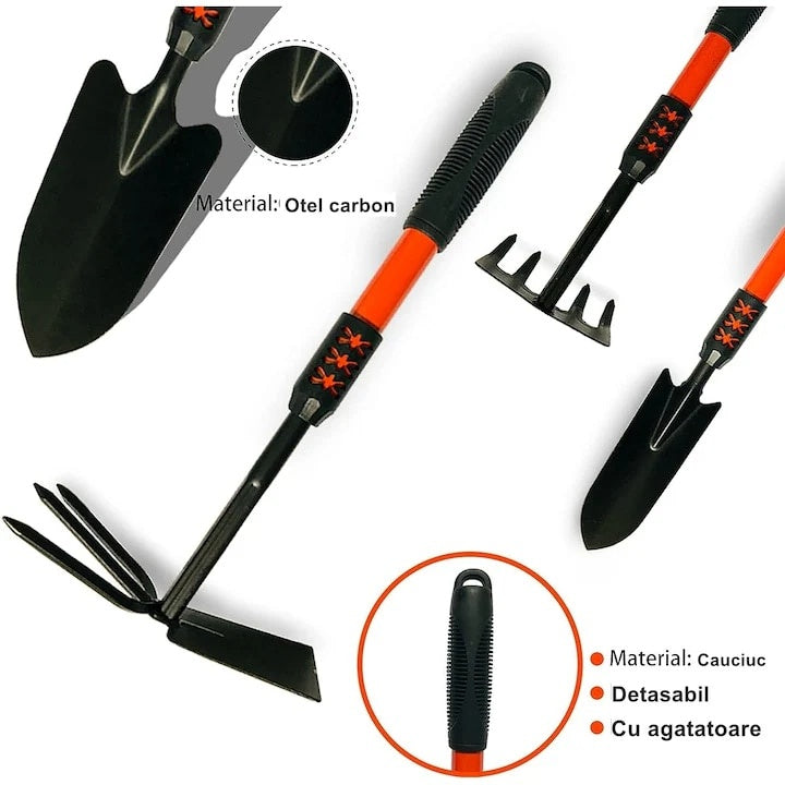 Set 4 unelte de gradina, cu maner extensibil, antialunecare, din metal, usor de manevrat si depozitat, rosu/negru