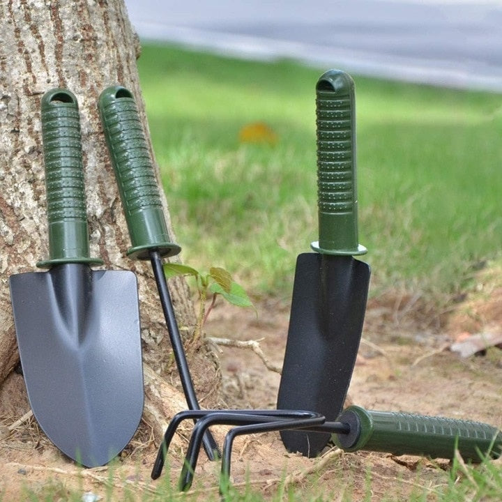 Set 4 unelte de gradina, dimensiuni reduse, din metal, cu maner anti-alunecare, usor de depozitat, negru