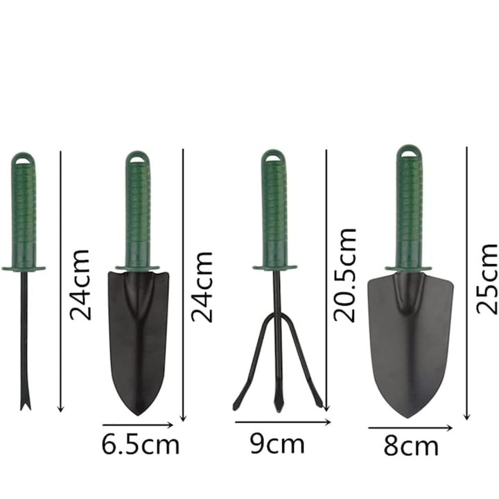 Set 4 unelte de gradina, dimensiuni reduse, din metal, cu maner anti-alunecare, usor de depozitat, negru