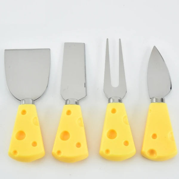 Set 4 ustensile mici pentru branzeturi, design elegant, usor de intretinut, lame din otel inoxidabil, compacte, galben/argintiu