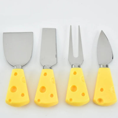 Set 4 ustensile mici pentru branzeturi, design elegant, usor de intretinut, lame din otel inoxidabil, compacte, galben/argintiu