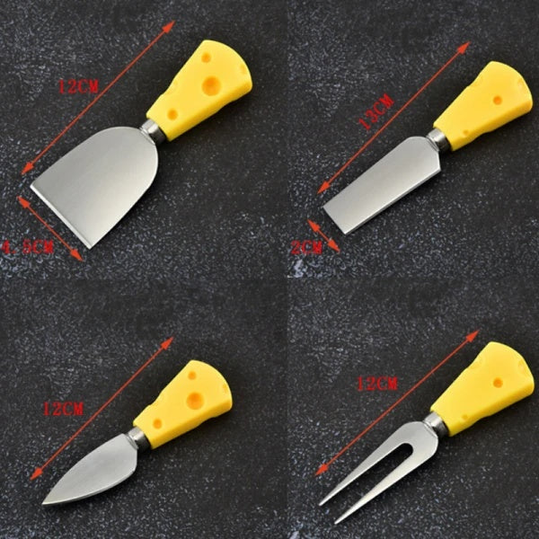 Set 4 ustensile mici pentru branzeturi, design elegant, usor de intretinut, lame din otel inoxidabil, compacte, galben/argintiu