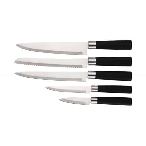Set 5 cutite inox cu suport negru, maner ergonomic, diverse dimensiuni