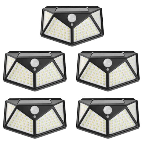 Set 5 lampi cu incarcare solara FOXMAG24, senzor miscare, 3 trepte de iluminare, 100 LED