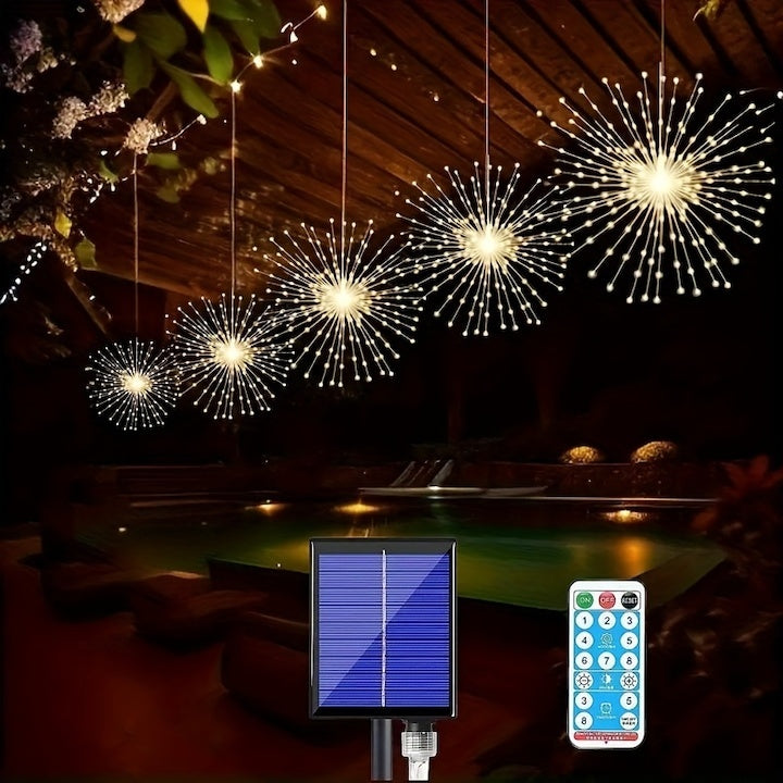 Set 5 lampi solare LED, tip artificii cu 500 LED-uri, lumina calda, pentru interior sau exterior, galben