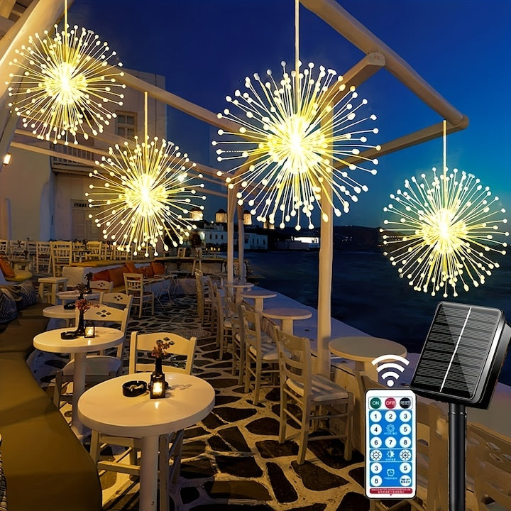 Set 5 lampi solare LED, tip artificii cu 500 LED-uri, lumina calda, pentru interior sau exterior, galben