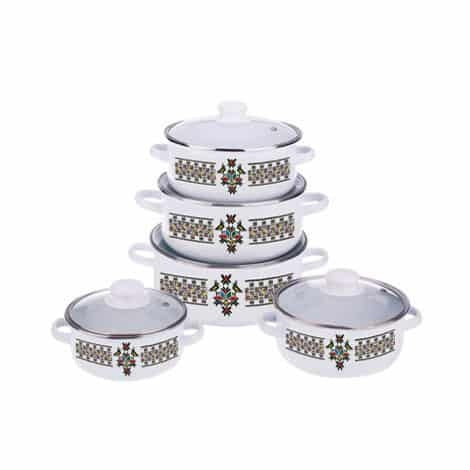Set 5 oale emailate cu capace sticla termorezistenta, diametre 16-24 cm