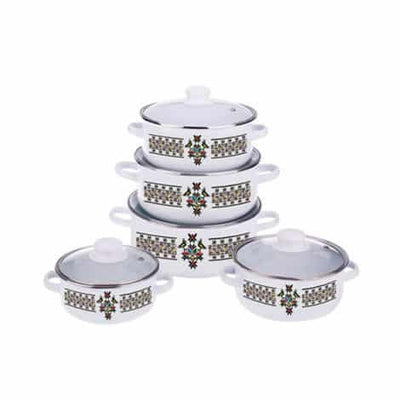Set 5 oale emailate cu capace sticla termorezistenta, diametre 16-24 cm