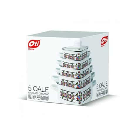 Set 5 oale emailate cu capace sticla termorezistenta, diametre 16-24 cm