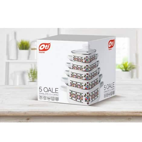 Set 5 oale emailate cu capace sticla termorezistenta, diametre 16-24 cm