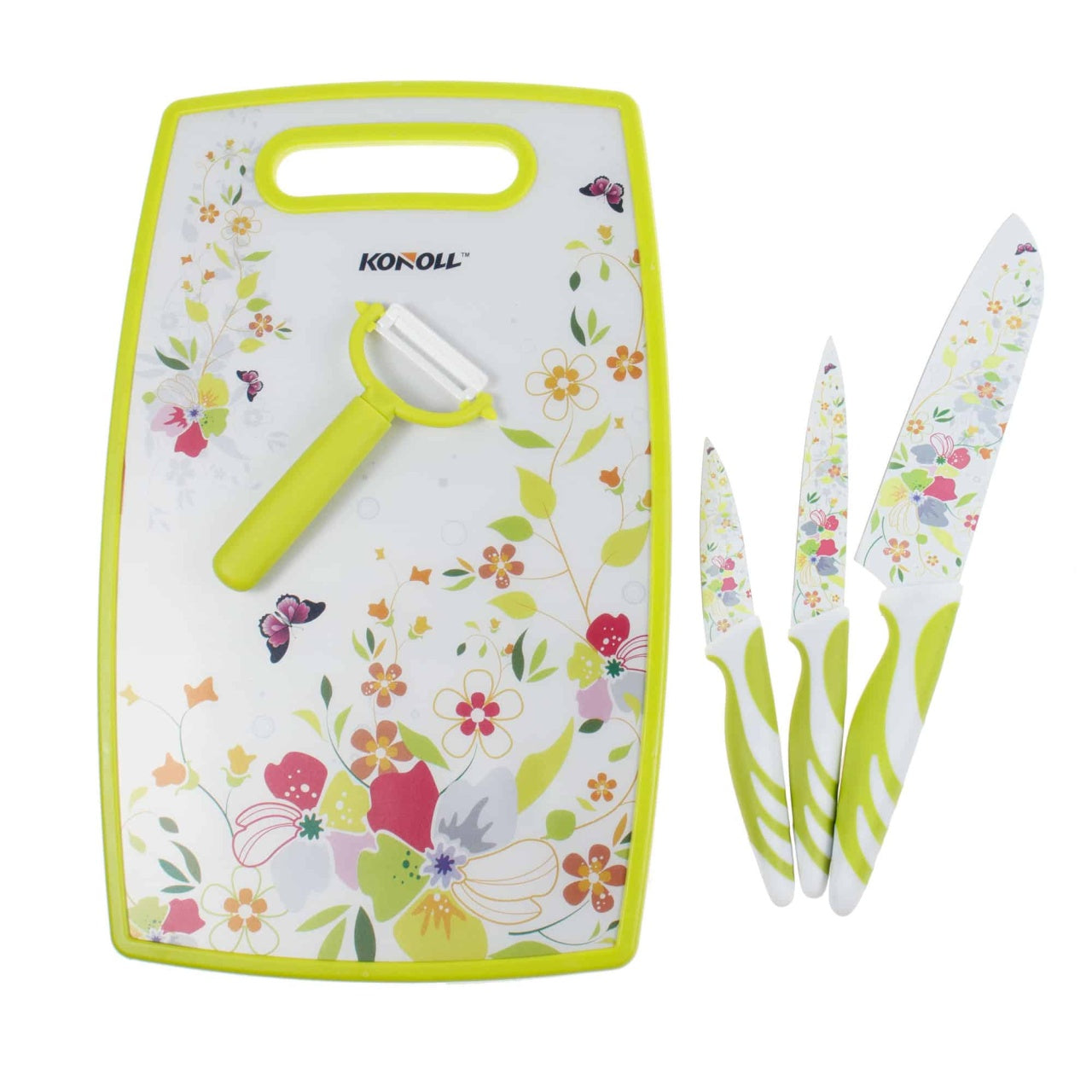 Set 5 piese: tocator doua fete, 3 cutite colorate si curatator legume