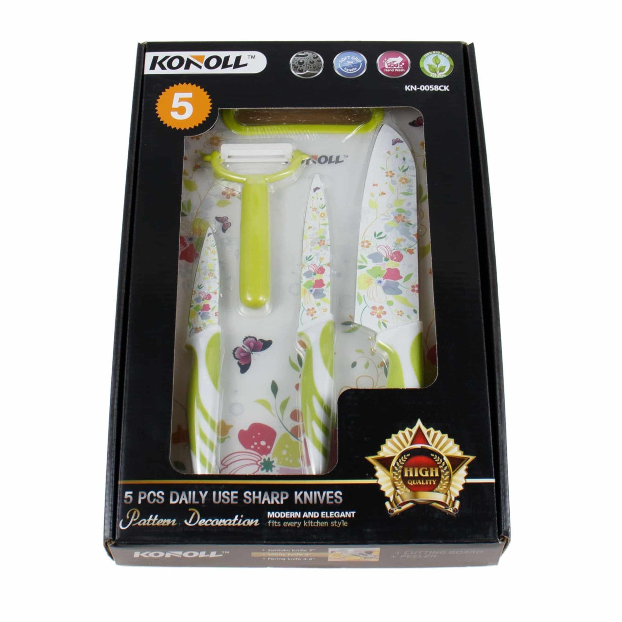 Set 5 piese: tocator doua fete, 3 cutite colorate si curatator legume