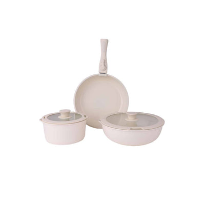 Set 5 piese vase ceramica crem cu maner detasabil, 2 oale, tigaie, 2 capace sticla