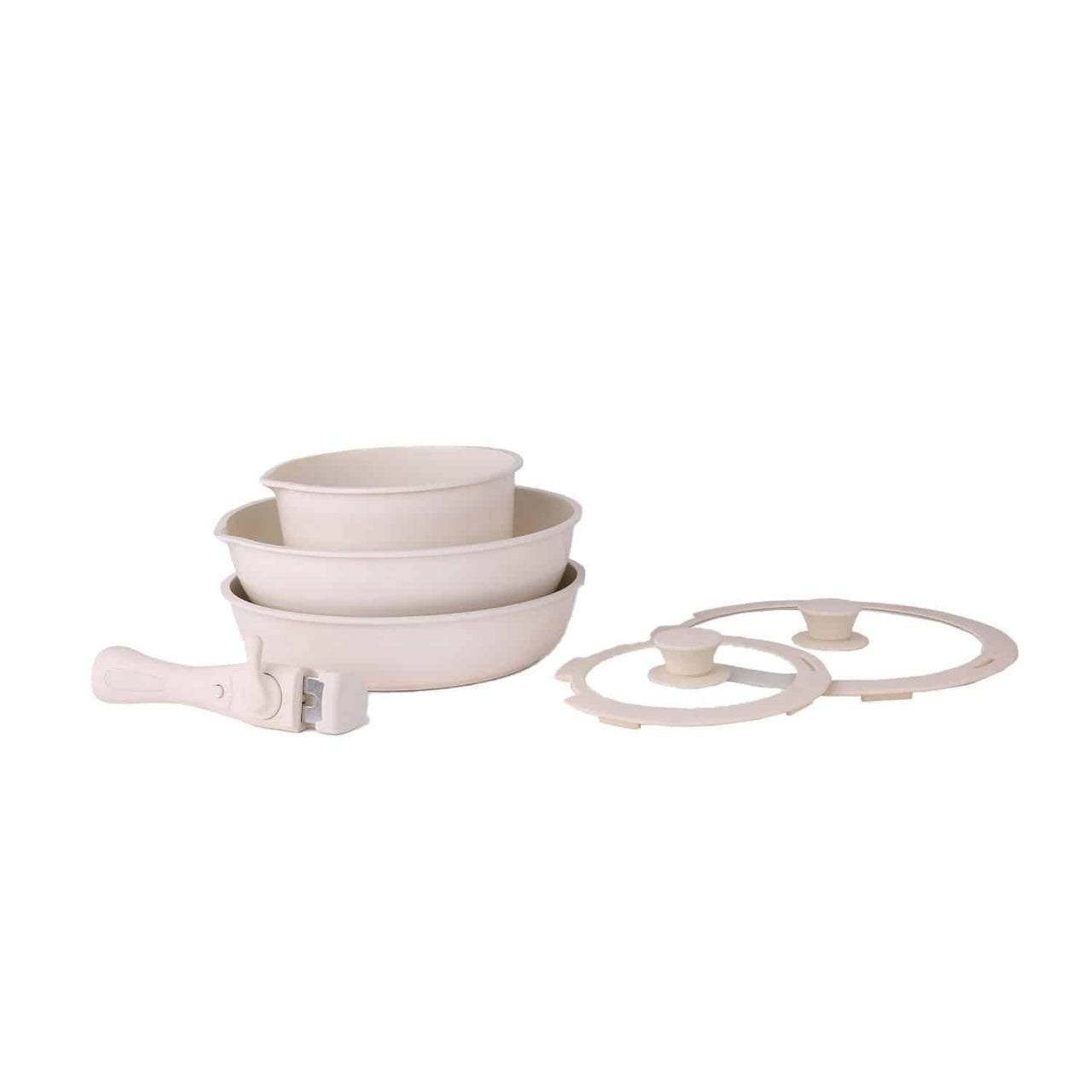 Set 5 piese vase ceramica crem cu maner detasabil, 2 oale, tigaie, 2 capace sticla