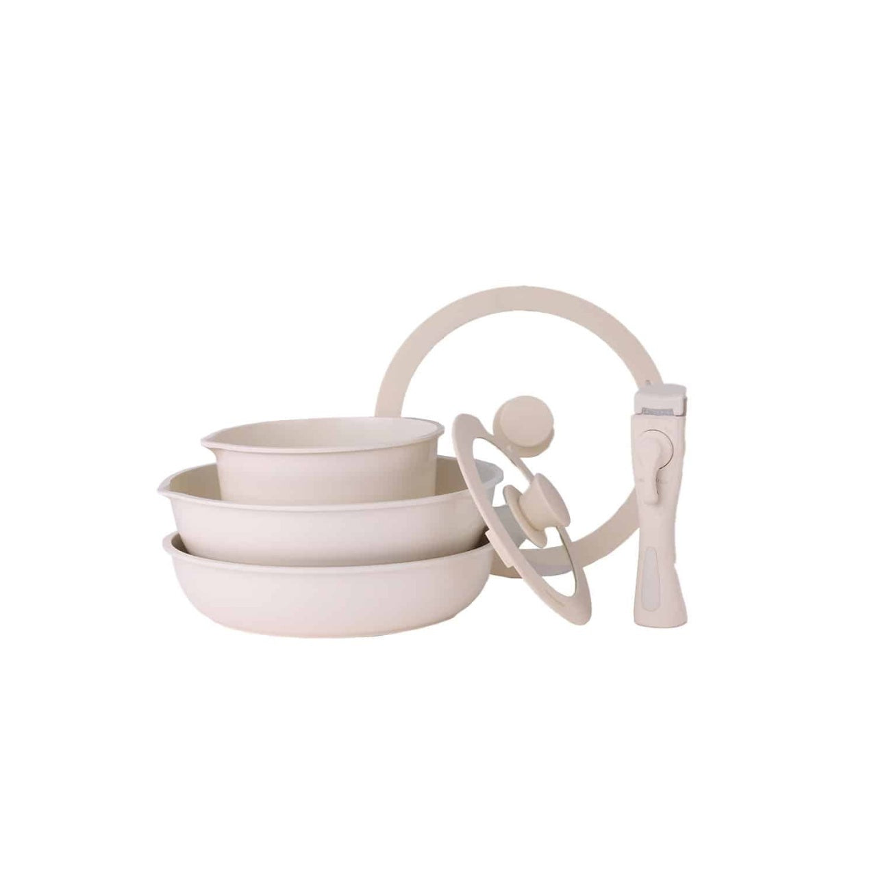 Set 5 piese vase ceramica crem cu maner detasabil, 2 oale, tigaie, 2 capace sticla