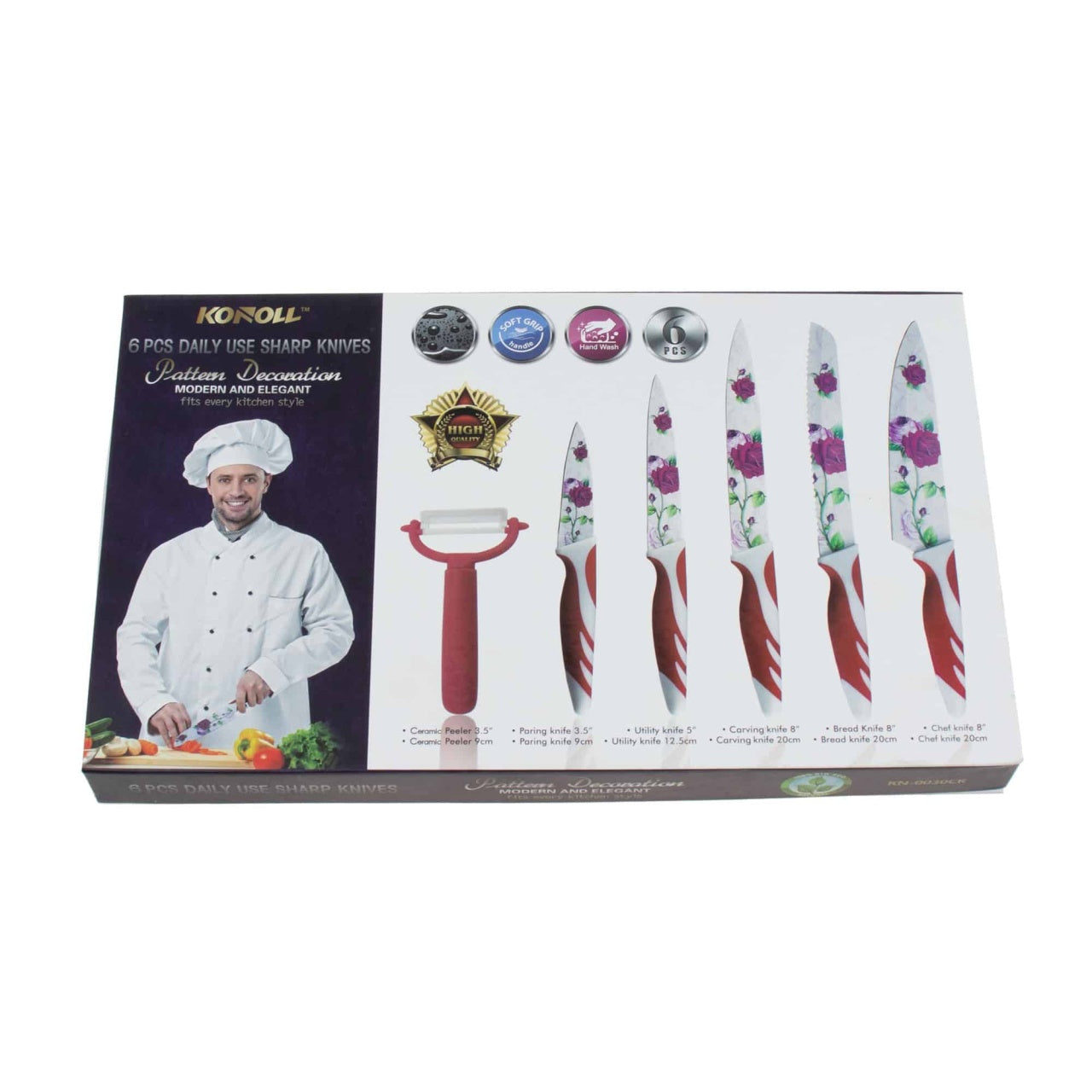 Set 6 cutite bucatarie din inox cu invelis ceramic, dimensiuni variate