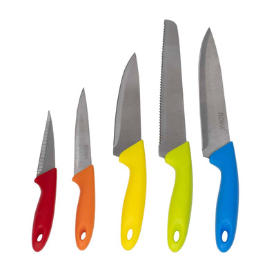 Set 6 cutite de bucatarie cu suport, lame inox, manere colorate